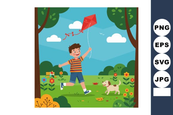 Boy Flying Red Kite Playing with Dog in
