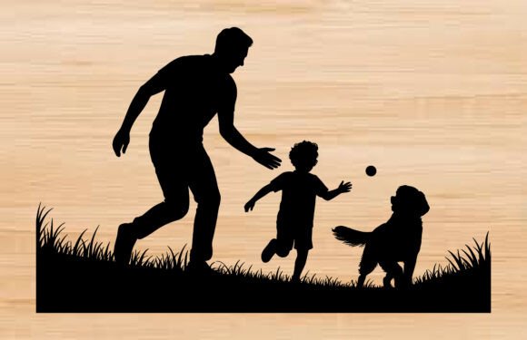 Dad Son Playing with Dog Silhouette SVG