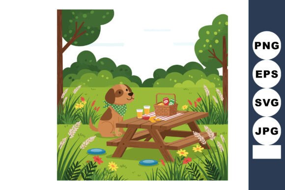 Dog Sitting Near Picnic Table with Baske