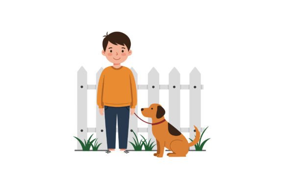 Happy Child and Playful Dog in Flat Vect